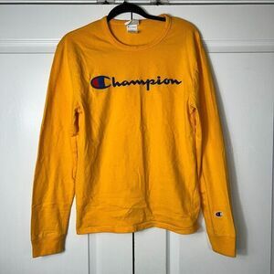 Champion Mens‎ Yellow Sweatshirt Round Neck Long Sleeve Graphic Print Size S